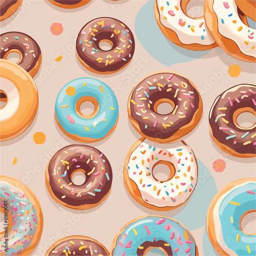 Seamless Pattern of Playful and Colorful Donuts Vector Illustration. Whimsical Donuts