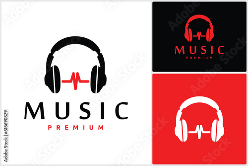 Simple Headphones Combination with Initial Letter M Waveform Sound Wave for Podcast Radio Recording or Music Logo Design