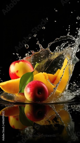 Nature's Symphony: Dynamic and Dramatic Encounter of Apple, Water, and Mango Pieces Generative AI 7