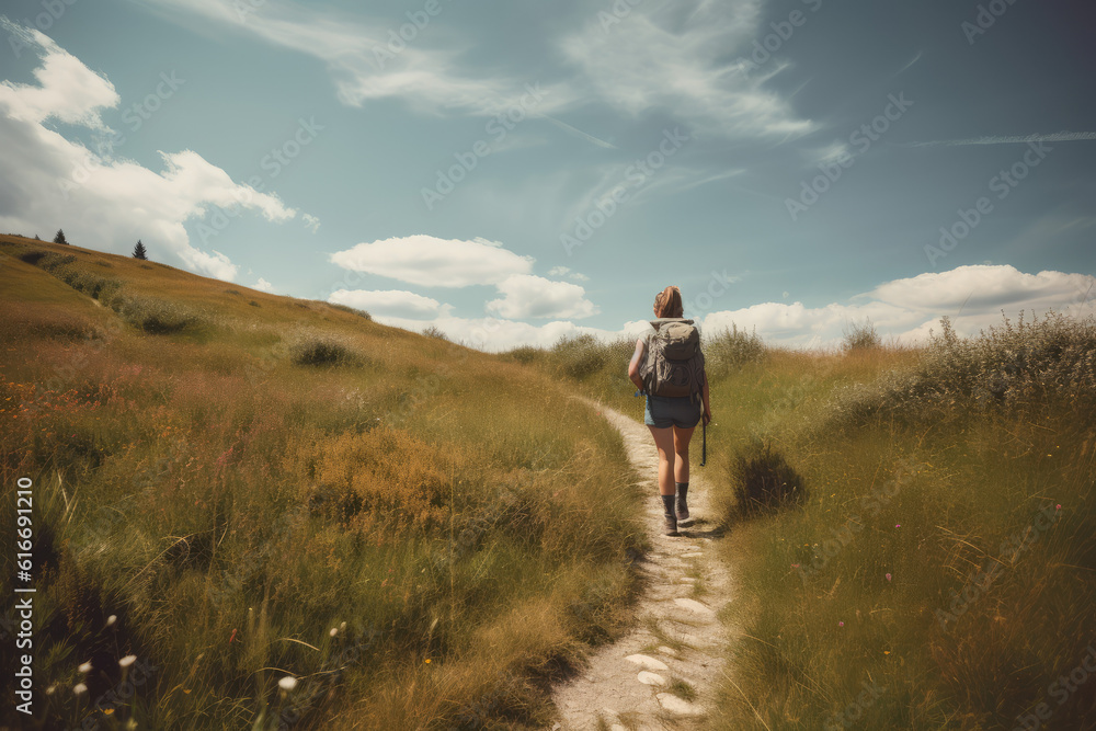 Healthy young  woman hiking with Back packing, enjoying the view from the top of th mountain on a bright sunny day.  AI Generative