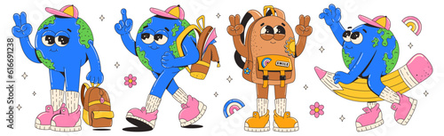 Back to school.  Funky retro groovy characters earth planet and school bag. Cartoon style. Vector illustration.