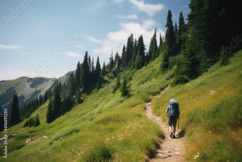 Healthy young woman hiking with Back packing, enjoying the view from the top of th mountain on a bright sunny day. AI Generative