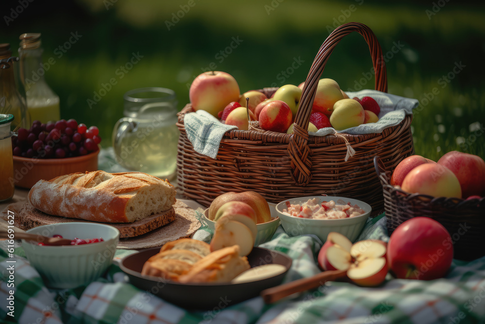 outdoor picnic set, nature in the garden, snacks, cupboards, close-up. AI Generative outdoor picnic set, nature in the garden, snacks, cupboards, close-up. AI Generative