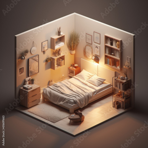 Small bedroom scandinavic minimalistic style isometric. AI Generative photo