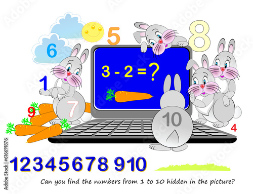 Logic puzzle game. Math education for young children. Can you find the numbers from 1 to 10 hidden in the picture? Developing counting skills. IQ test. Play online. Printable worksheet for kids.