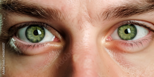 Man with green eyes, closeup detail to his face, both iris visible. Generative AI photo