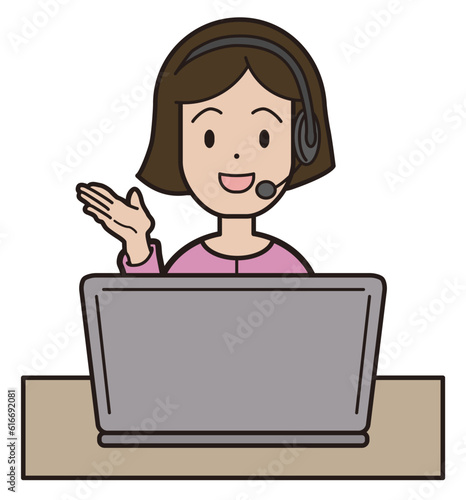 パソコン入力をしながら電話応対をするピンクの服の若い女性 コールセンター 笑顔 こちらをご覧下さい