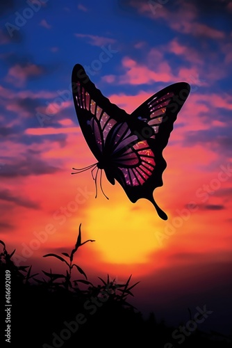 silhouette of a butterfly against a sunset sky  created with generative ai