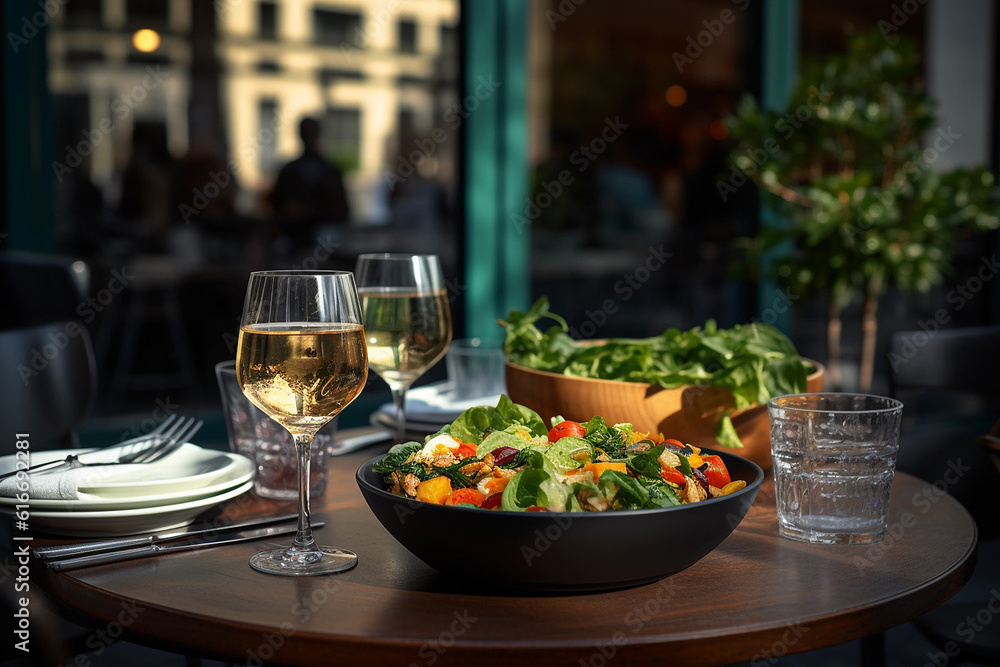 Modern Restaurant with Outdoor Table Setup and Glasses on Table