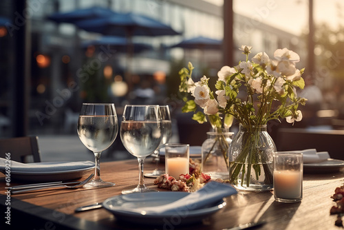 Modern Restaurant with Outdoor Table Setup and Glasses on Table