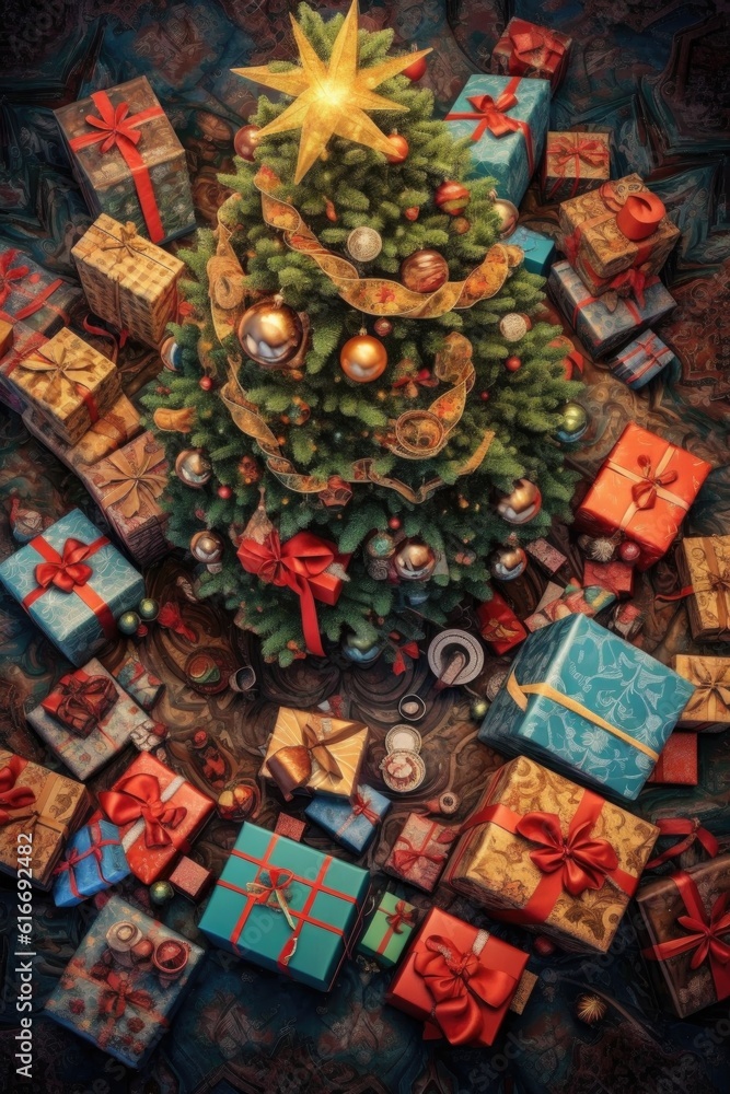top view of christmas tree surrounded by wrapped gifts, created with generative ai
