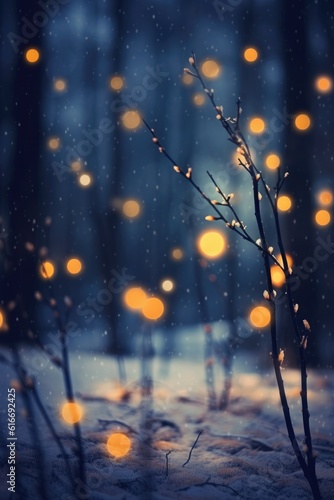 glittering christmas lights bokeh on a snowy night, created with generative ai © Natalia
