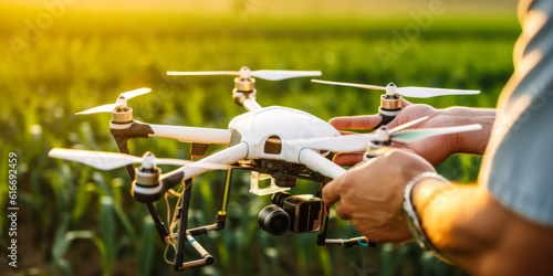 Captivating man's hand operating remote drone in agronomy lab, monitoring potato field growth and health with advanced aerial technologies, evoking innovation in agriculture. Generative AI