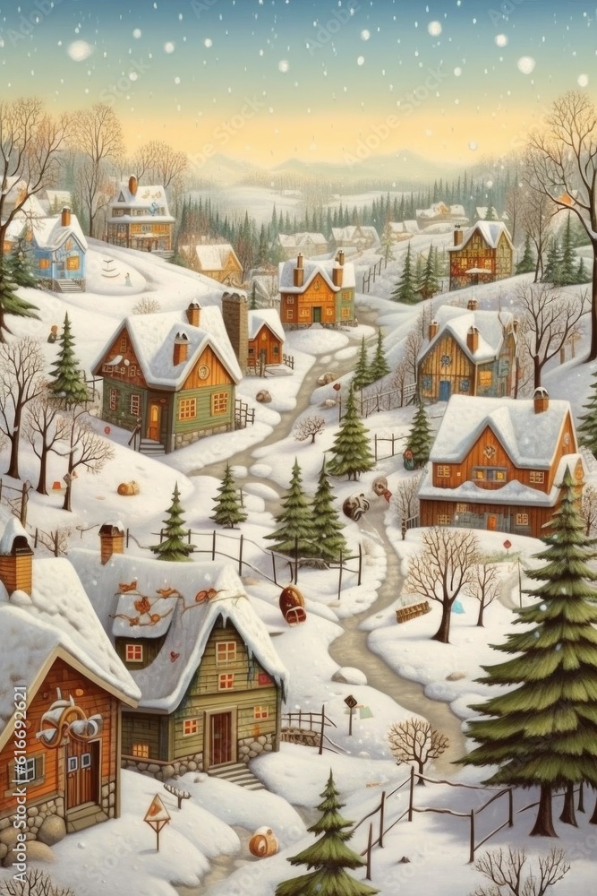 snowy winter landscape with decorated houses, created with generative ai