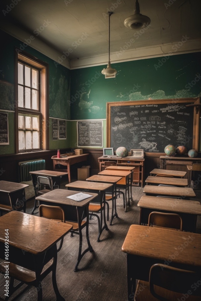 empty classroom with chalkboard and wooden desks, created with generative ai empty classroom with chalkboard and wooden desks, created with generative ai