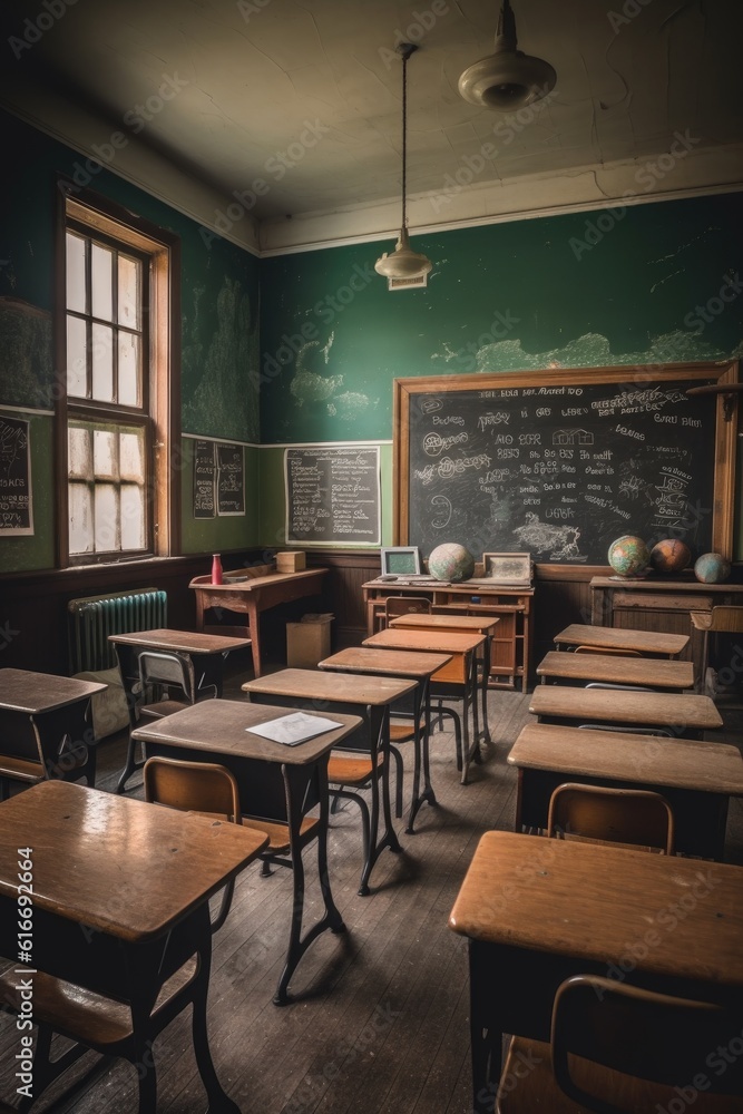 empty classroom with chalkboard and wooden desks, created with generative ai