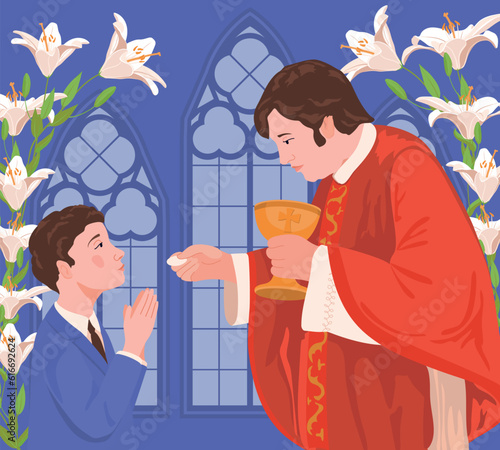 A boy in a blue suit during the first communion. The priest is holding bread. Vector illustration. A ceremony in the Christian tradition, a member of the church receives the Eucharist.