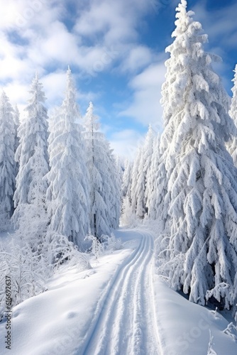 snowy winter landscape with frosted pine trees, created with generative ai © Natalia