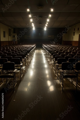 rows of chairs in a lecture hall, spotlight on stage, created with generative ai