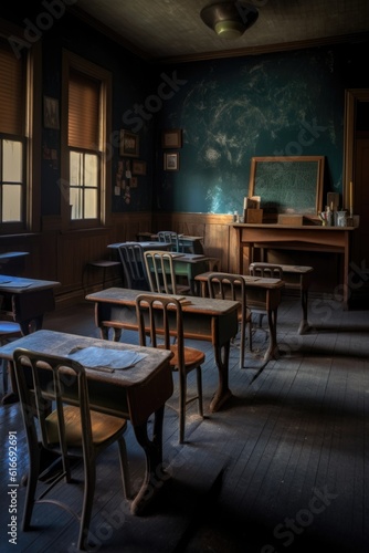 empty classroom with chalkboard, desks, and chairs, created with generative ai © Natalia