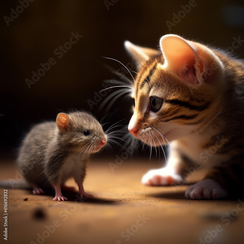 Cute image of cat and mouse friends