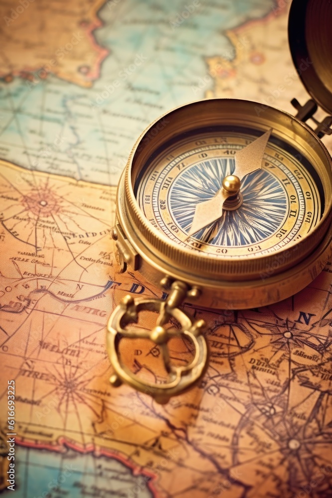 vintage compass on antique map with soft light, created with generative ai