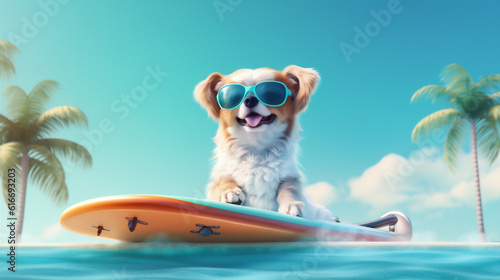 dog animal puppy summer vacation beach ocean wave funny surfer. Generative AI. © VICHIZH