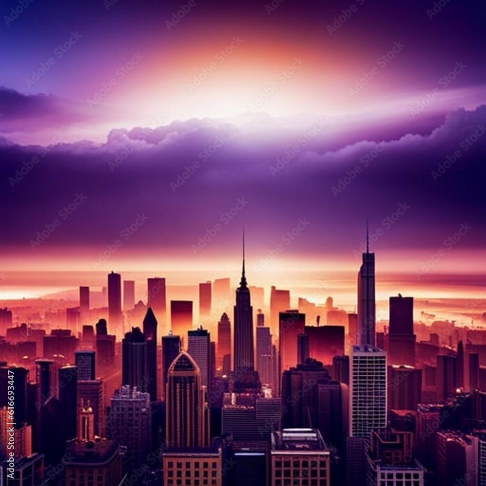 grand glow in the sky above the city, abstract, surreal, dreamlike, stylized - of painting style, vibrant colors, detailed, high resolution, other wordly, fantastic