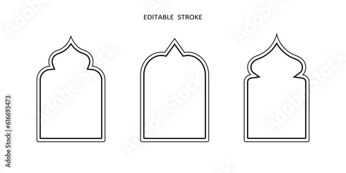 Islamic vector shape of a window or door arch. Arab frame set. Ramadan kareem editable outline icon. Mosque gate. Islamic arabesque pattern. Arabian muslim shape arch