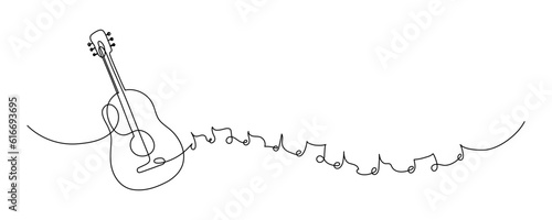 Guitar with notes. Music. Continuous line drawing. Hand drawn doodle. 