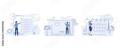 Business management illustration. planning work tasks, managing inbox emails, making schedule using calendar. set flat vector modern illustration 