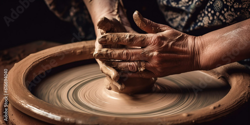 Captivating artist's hands skillfully shaping a pottery wheel, spinning clay into a creative vessel, expressing human ingenuity and timeless artistry. Generative AI photo