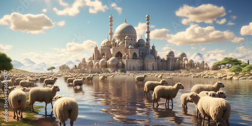 sheep near a beautifully detailed mosque photo