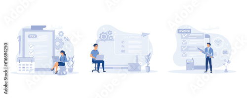 Characters preparing documents for tax calculation, making income tax return and calculating business invoices. flat vector modern illustration