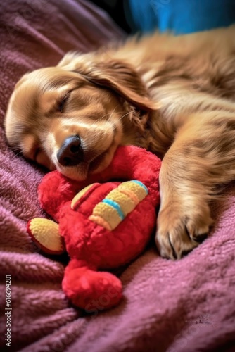 dog sleeping peacefully with favorite toy, created with generative ai