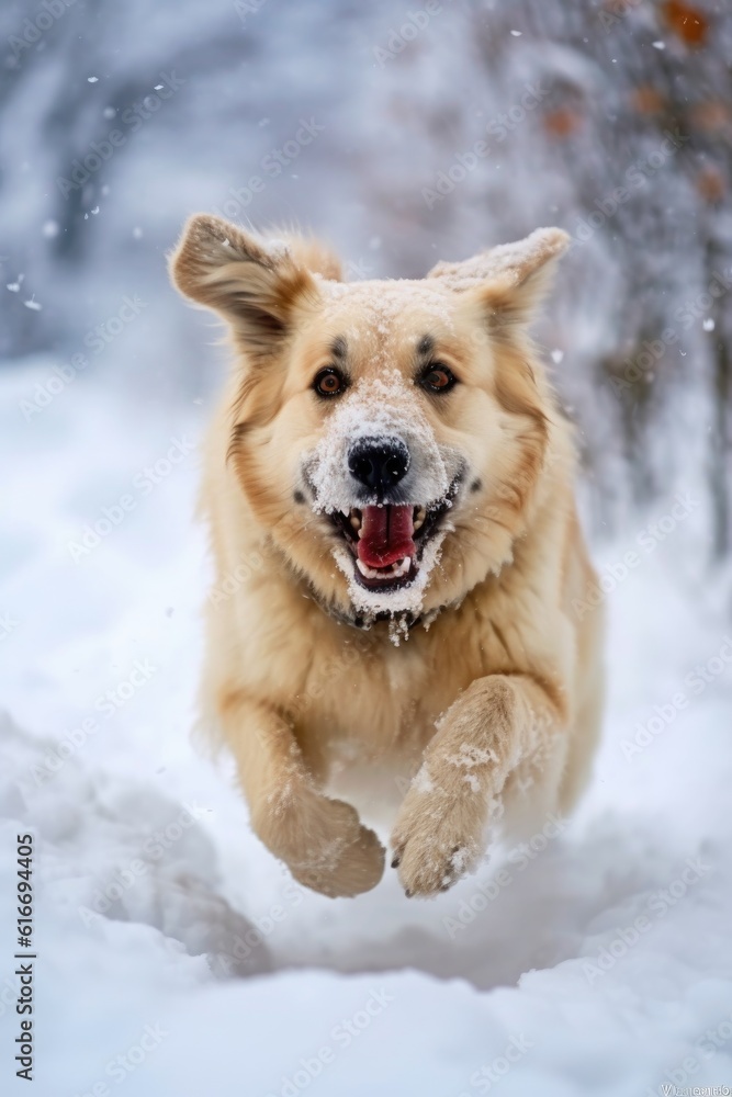 snow-covered dog playfully running in winter, created with generative ai snow-covered dog playfully running in winter, created with generative ai