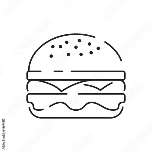Burger icon vector isolated on white background, hamburger or fast food sign, thin symbols or lined elements in outline style. Snack, junk food and obesity