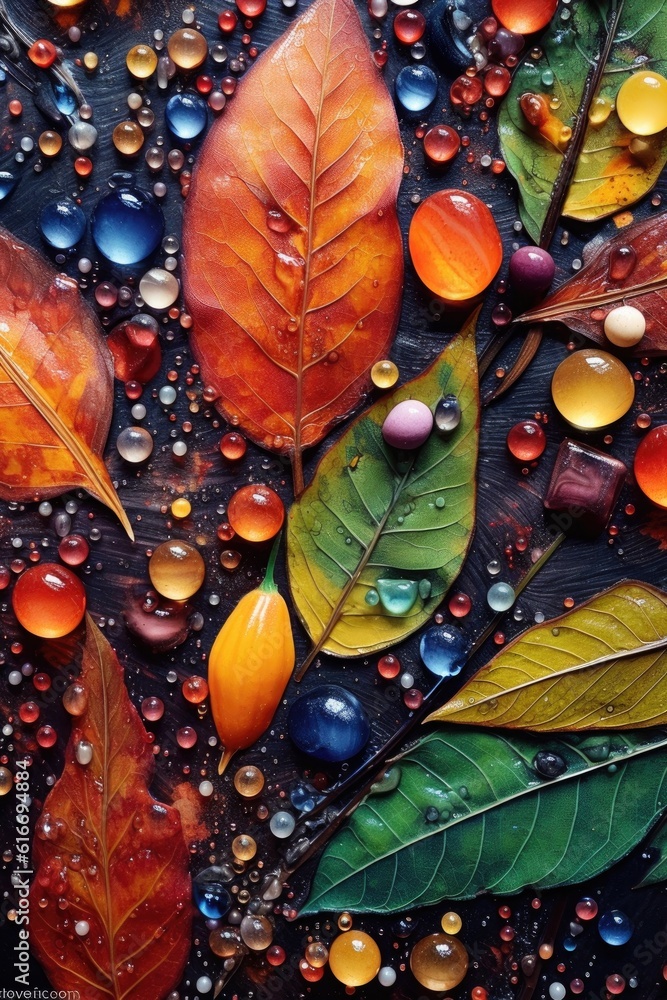 close-up of dewdrops on colorful fallen leaves, created with generative ai