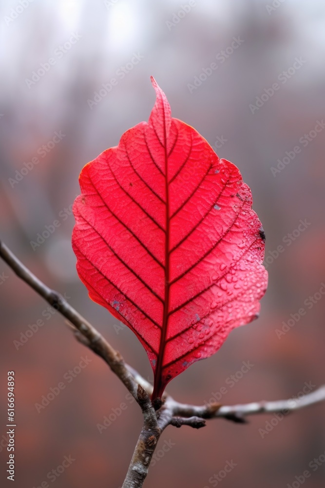 a single, bright red leaf against a blurred background, created with generative ai a single, bright red leaf against a blurred background, created with generative ai