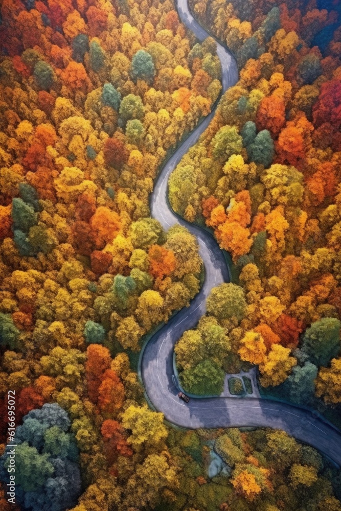 aerial view of a winding road through fall foliage, created with generative ai aerial view of a winding road through fall foliage, created with generative ai