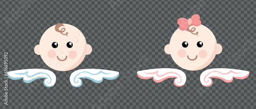 Girl and Boy heads vector illustrations. Baby boy and baby girl cute faces as angels with wings icons isolated design elements on transparent background. New born baby gender reveal. Boy or Girl.