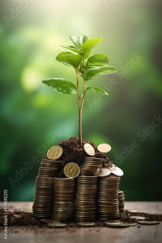 pile of coins with a growing plant on top, symbolizing financial growth, created with generative ai