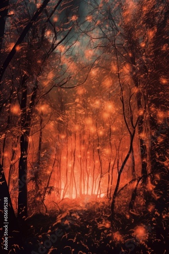 forest fire engulfing trees in flames at night, created with generative ai