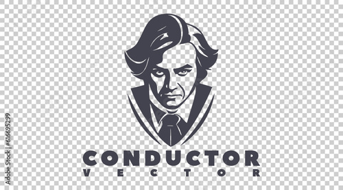Vector portrait of a serious and dissatisfied men with hair and a look from under his forehead. Inscription, conductor. Logo, sticker or icon. Isolated background.