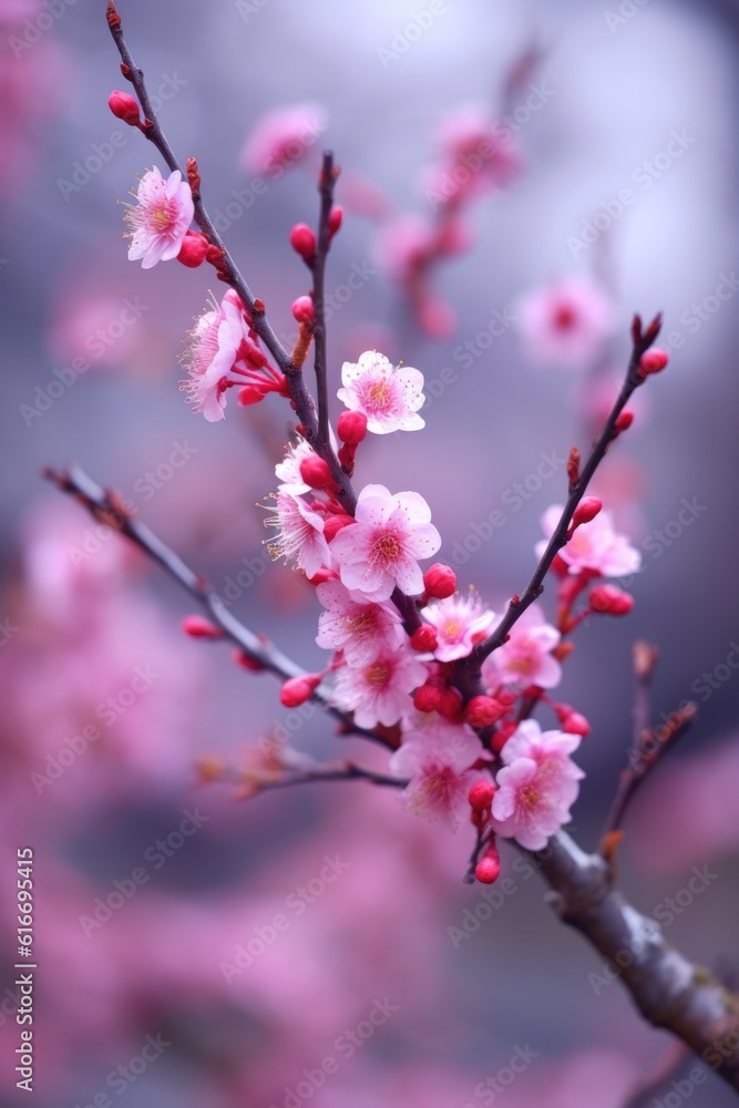 soft focus shot of cherry blossoms on tree branch, created with generative ai soft focus shot of cherry blossoms on tree branch, created with generative ai