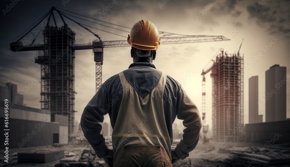 Rear view of a builder at a construction site and a construction crane Rear view of a builder at a construction site and a construction crane