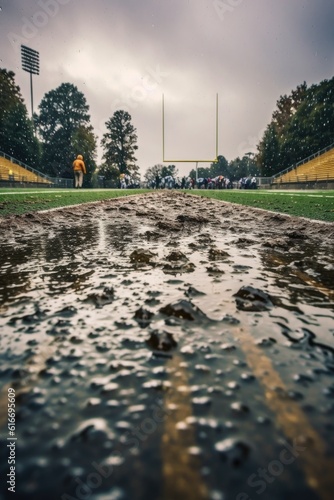 raindrops on a football field during a stormy game day, created with generative ai