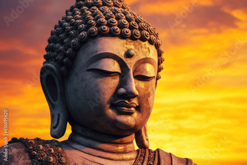 Tathagata Buddha statute, detail to head, orange sunset sky background. Generative AI
