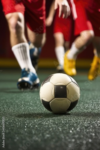 close-up of footballers feet dribbling the ball, created with generative ai