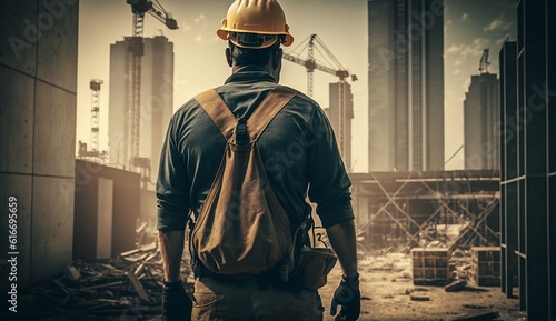 Rear view of a builder at a construction site